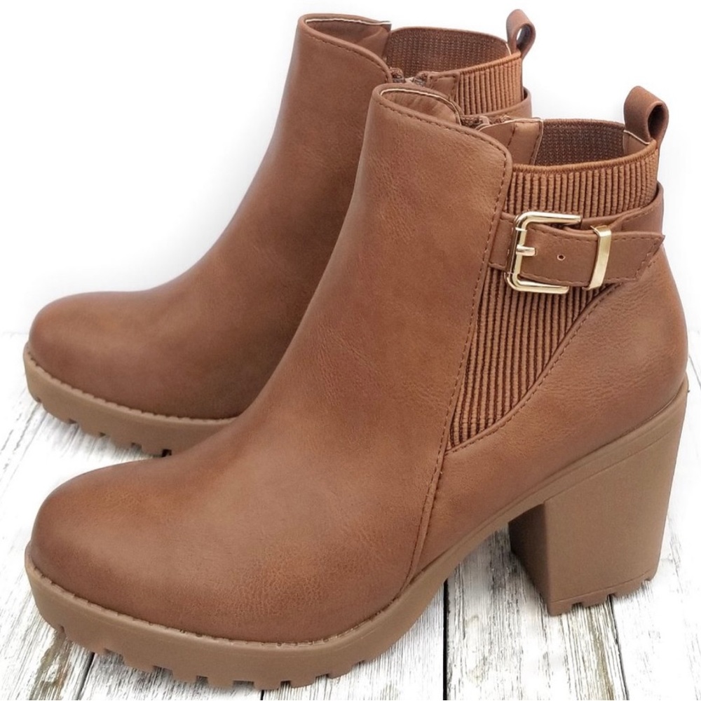 Camel Colored Chelsea Buckle Lug Combat Ankle Boots Booties